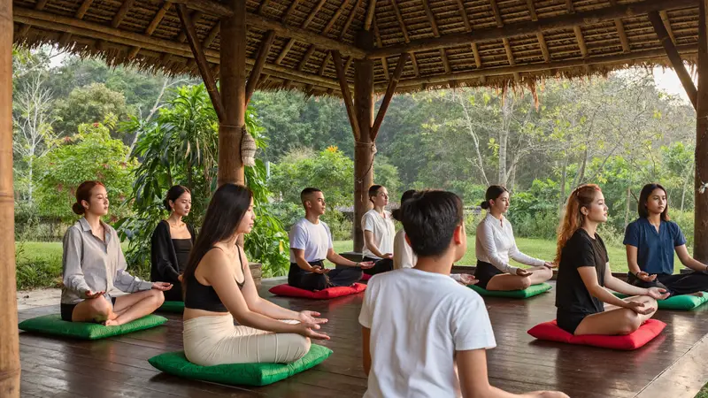 Small group breathwork session in an open-air bamboo pavilion in Bali